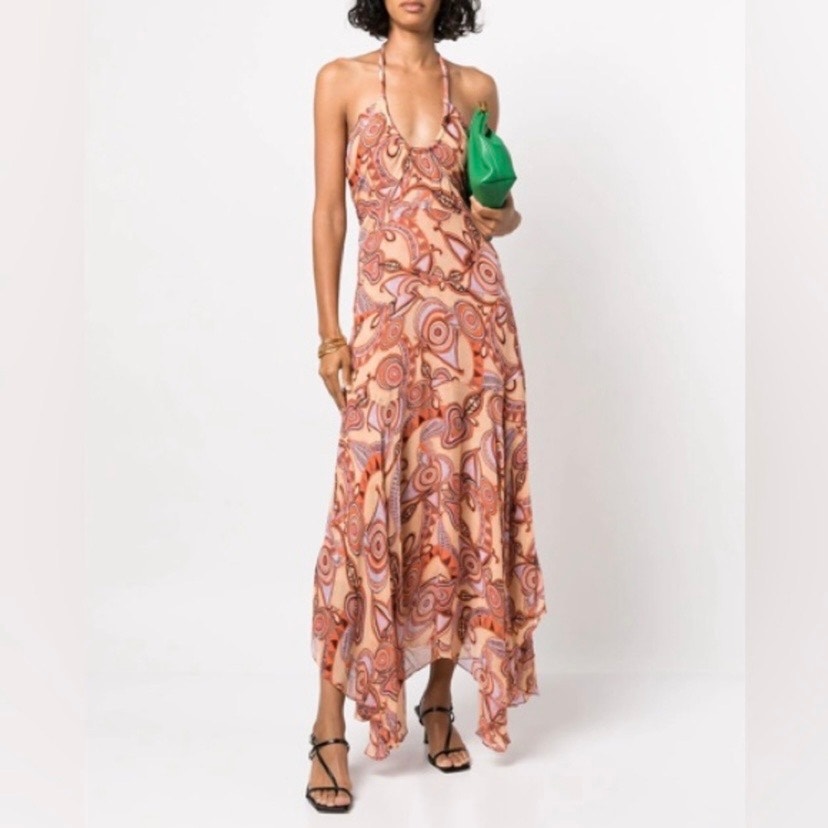 A.L.C. Nude Peach Multi Silk Amina Handkerchief Hem Midi Dress Sz.8 Nwt